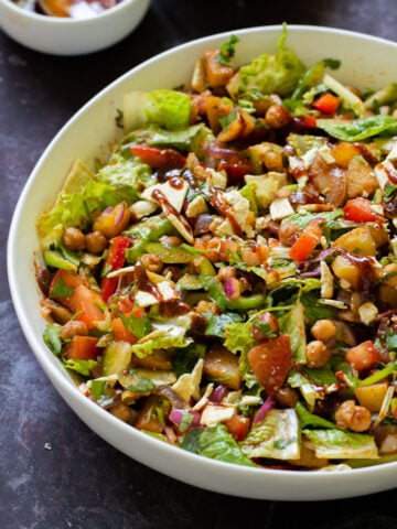 close-up of BBQ chickpea and potato salad in the serving bowl