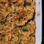 close-up of delicata squash casserole in the baking pan after baking