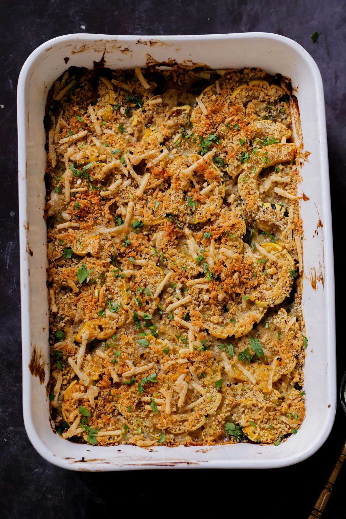 delicata squash casserole in the baking pan after baking
