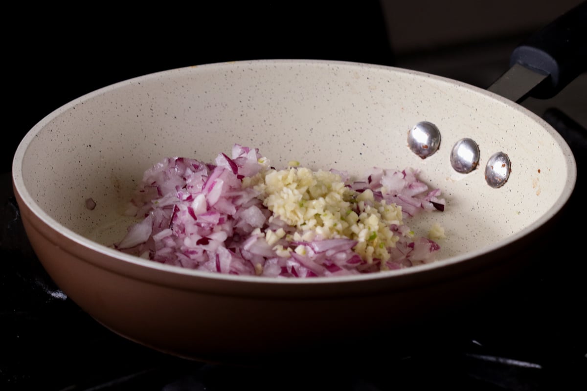 onion and garlic in the frying pan