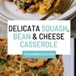 image collage of delicata squash casserole on a plate and in the casserole dish, text overlay