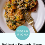 delicata squash casserole on a plate, text overlay